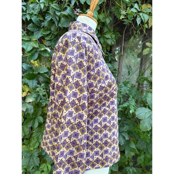 70s Dagger Collar Blouse All Over Purple Geometric Print Balloon Sleeve Custom - Picture 15 of 15